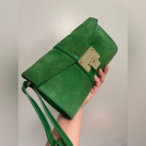 Jimmy Choo Emerald Green Suede Wristlet Clutch with Gold Plate